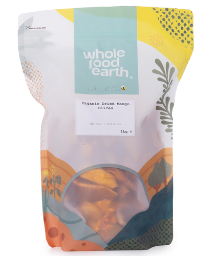 Organic dried mango slices from Whole Food Earth, showcasing vibrant orange dried fruit pieces in a clear container.
