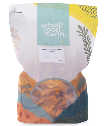 Organic dried mango slices from Whole Food Earth, showcasing vibrant orange dried fruit pieces in a 2kg package.