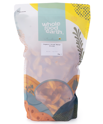 Organic dried mango slices from Whole Food Earth, showing vibrant orange dried fruit pieces in a clear container.