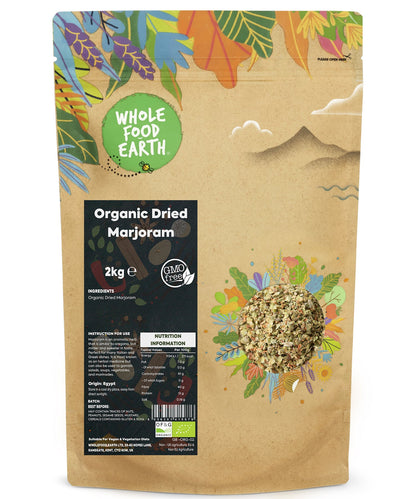 Organic dried marjoram herbs from Whole Food Earth in a 2kg package, showing fresh green leaves and dried herb leaves.