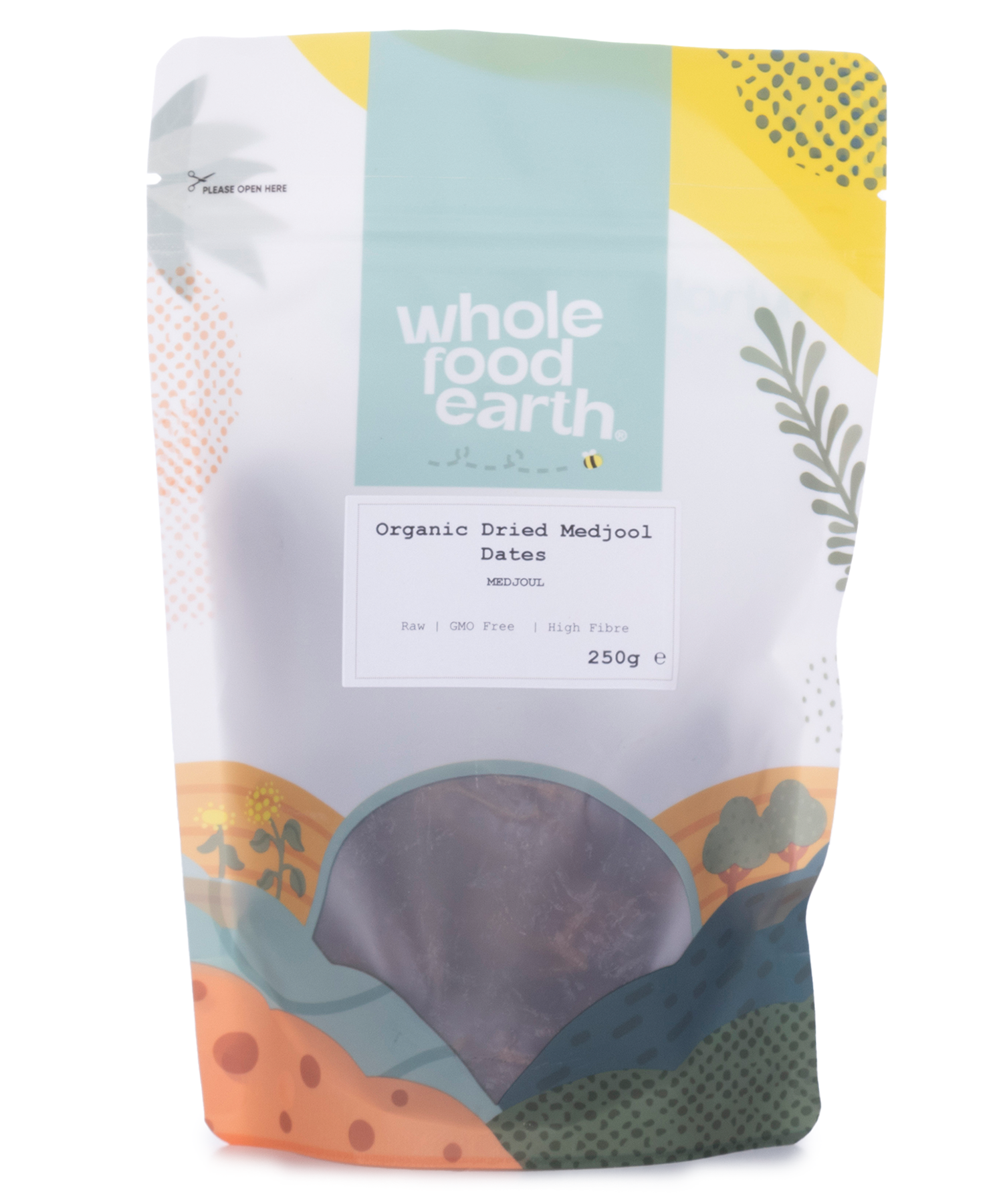 Organic dried Medjool dates from Whole Food Earth, showcasing plump, glossy dates in a 250g package.