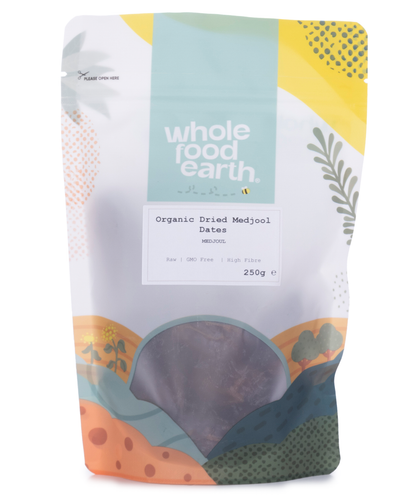 Organic dried Medjool dates from Whole Food Earth, showcasing plump, glossy dates in a 250g package.