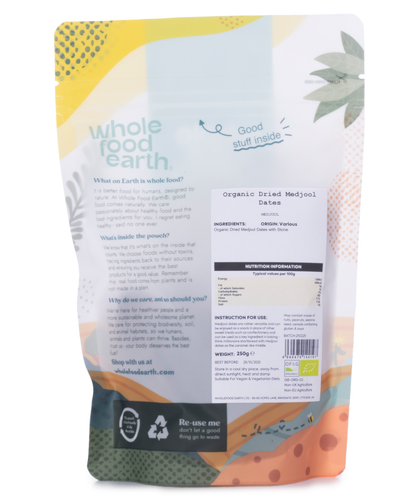 Organic dried Medjool dates from Whole Food Earth, close-up of plump, glossy, rich brown dried fruits in a 250g package