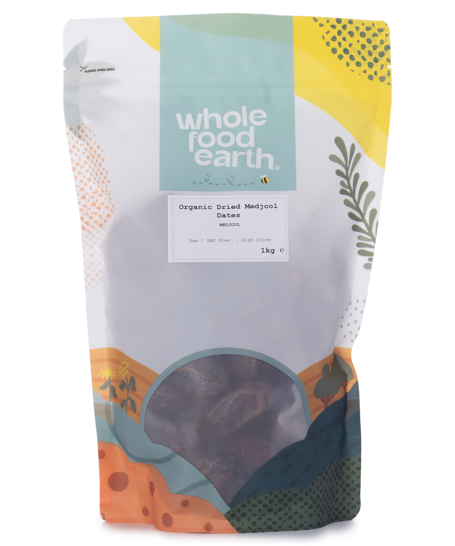 Organic dried Medjool dates in a 1kg package, showcasing plump, glossy, and naturally sweet dried fruit from Whole Food Earth.