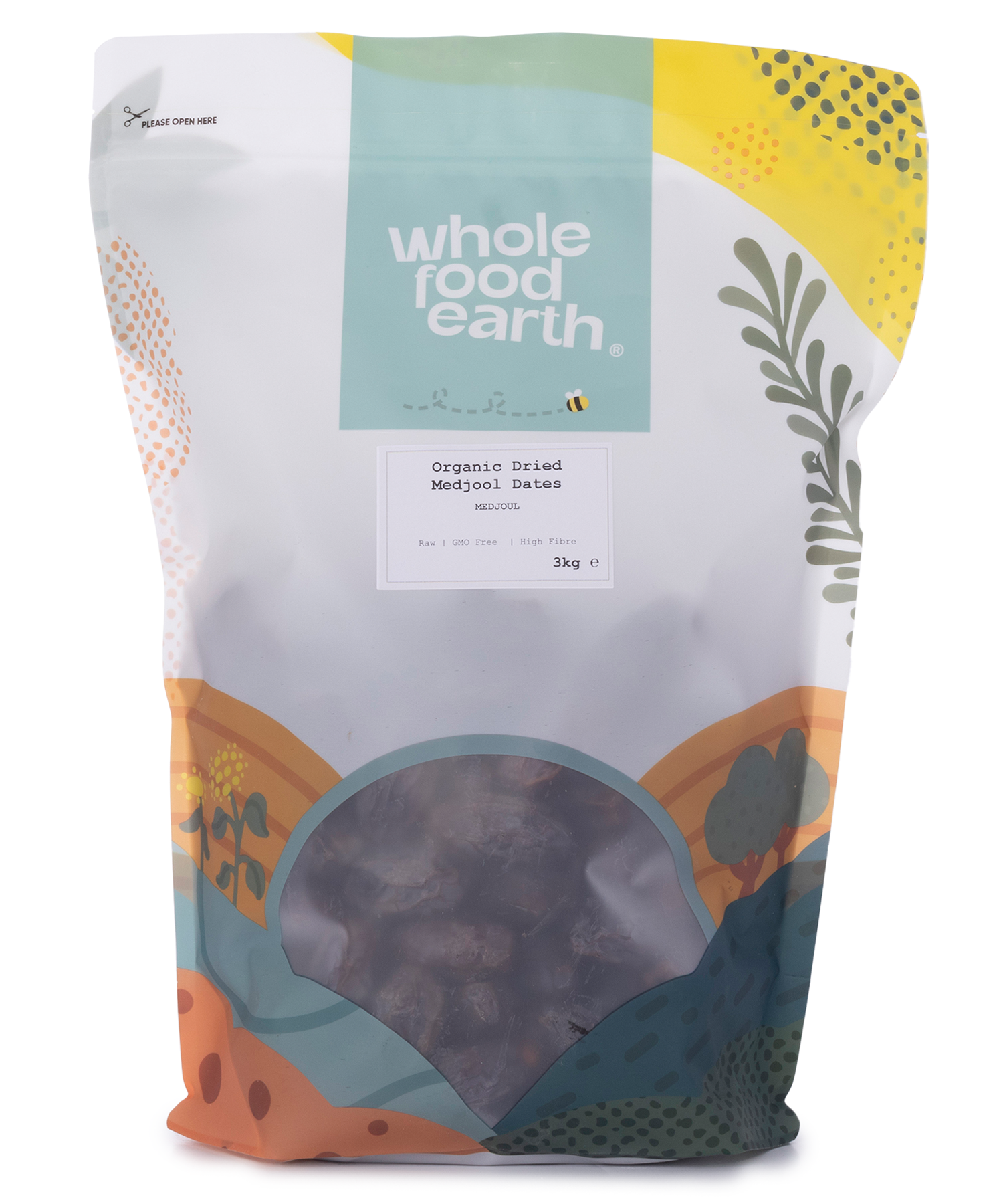 Organic dried Medjoul Medjool dates from Whole Food Earth, showcasing plump, glossy dates in a natural, wholesome dried fruit display.