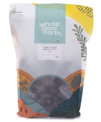 Organic dried Medjoul Medjool dates from Whole Food Earth, showcasing plump, glossy dates in a natural, wholesome dried fruit display.