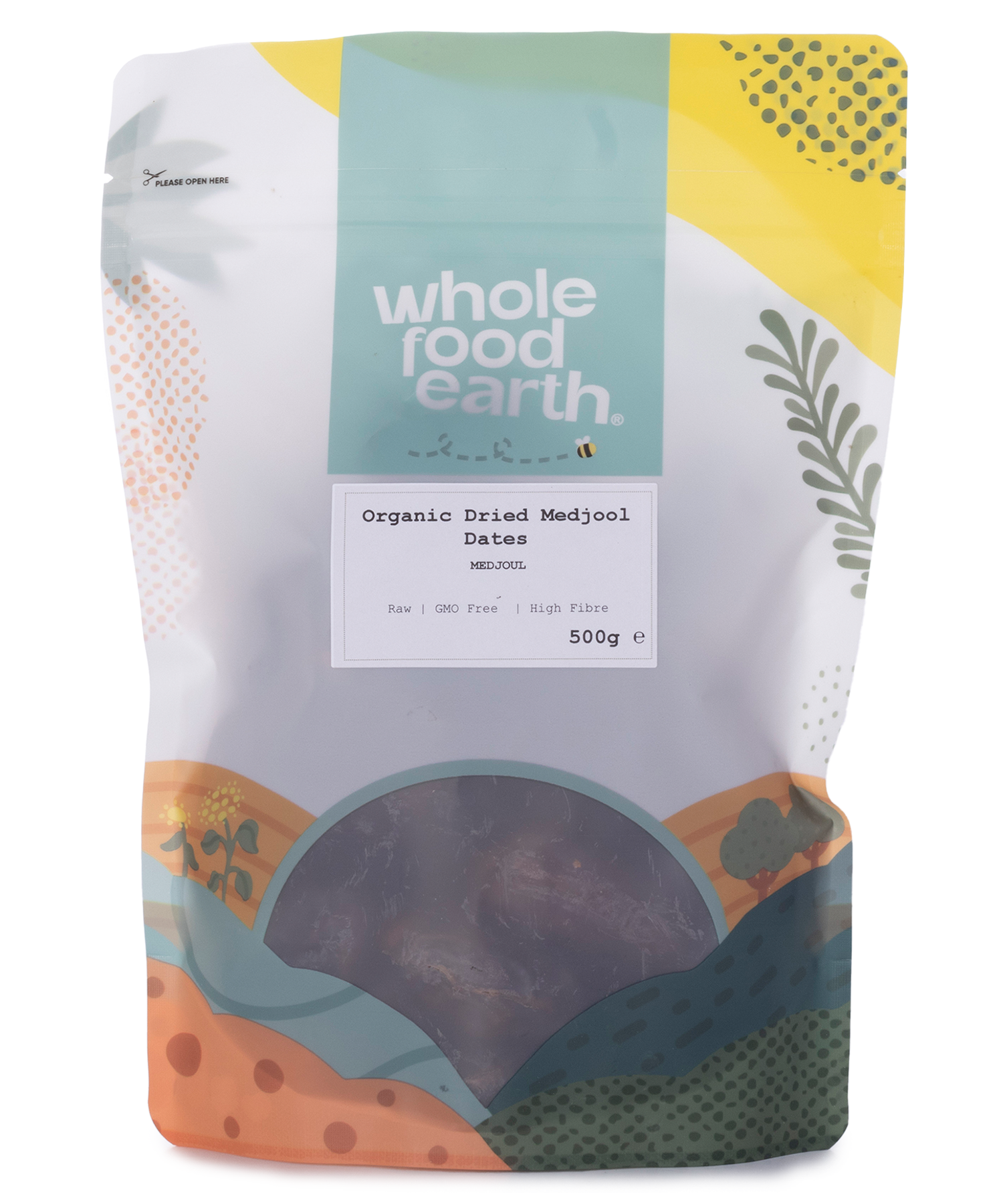Organic dried Medjool dates from Whole Food Earth, showcasing plump, glossy, and rich-textured dried fruit in a 500g package.