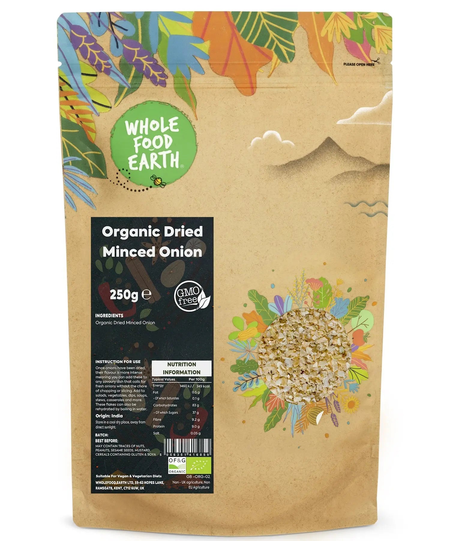 Organic dried minced onion from Whole Food Earth, herbal spice in a 250g package for cooking and seasoning.