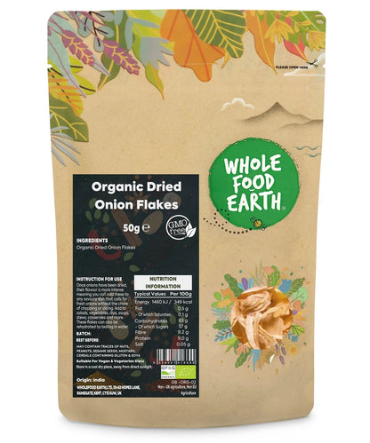 Organic onion flakes from Whole Food Earth, dried and sliced, in a 50g package, used as herbs and spices in cooking.