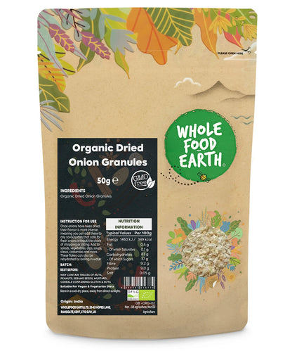 Organic onion granules from Whole Food Earth, dried and fine, in a 50g package, ideal for seasoning and cooking.