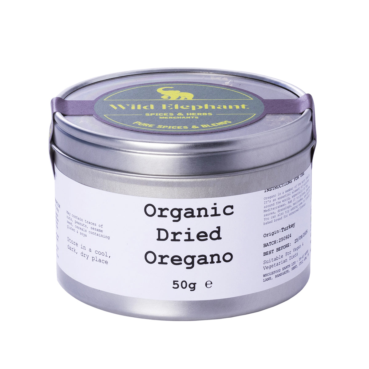 Organic dried oregano from Wild Elephant, a 50g package of Whole Food Earth herbs and spices, shown in a clear image.