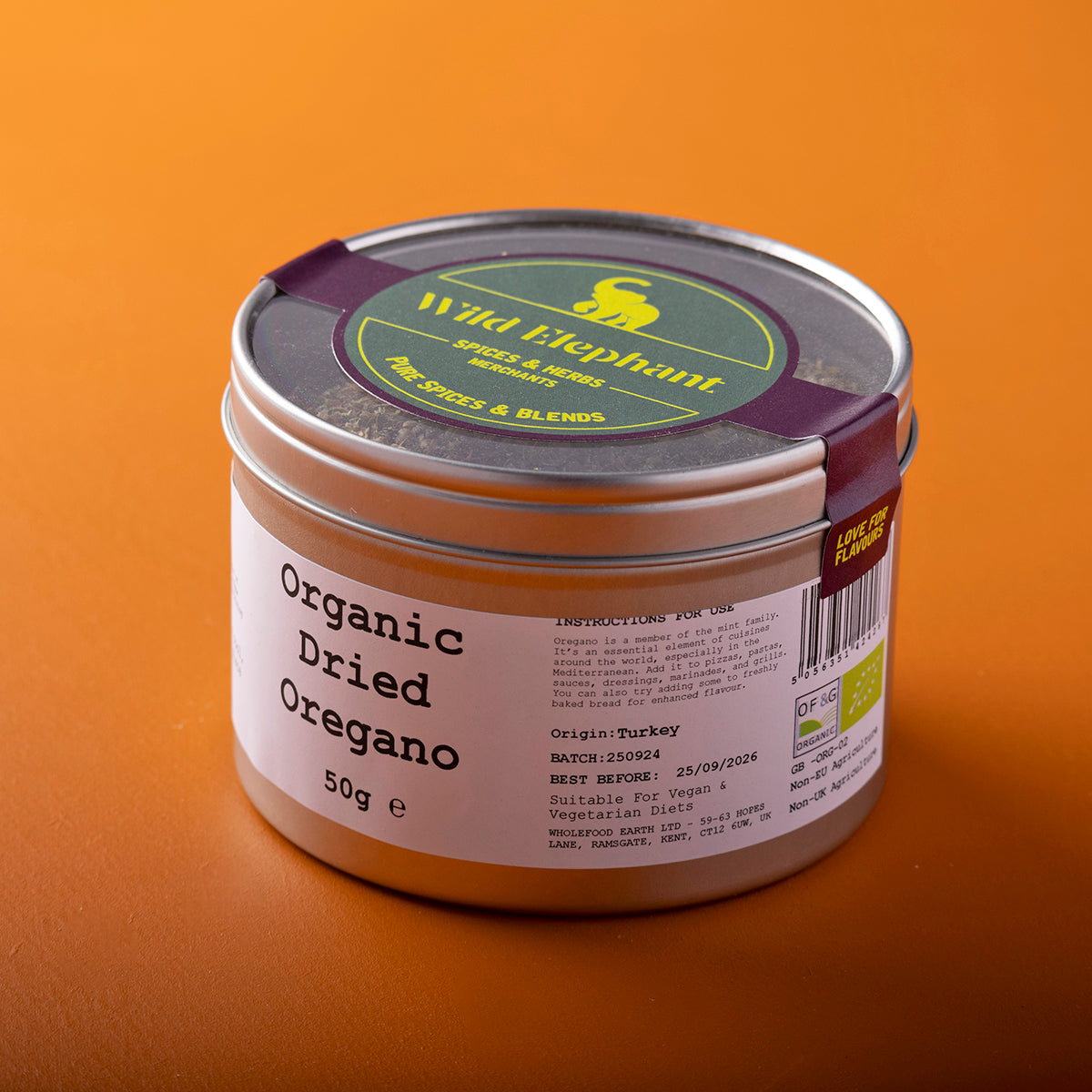 Organic dried oregano from Whole Food Earth, wild-harvested herb in a 50g package, shown in a clear image.