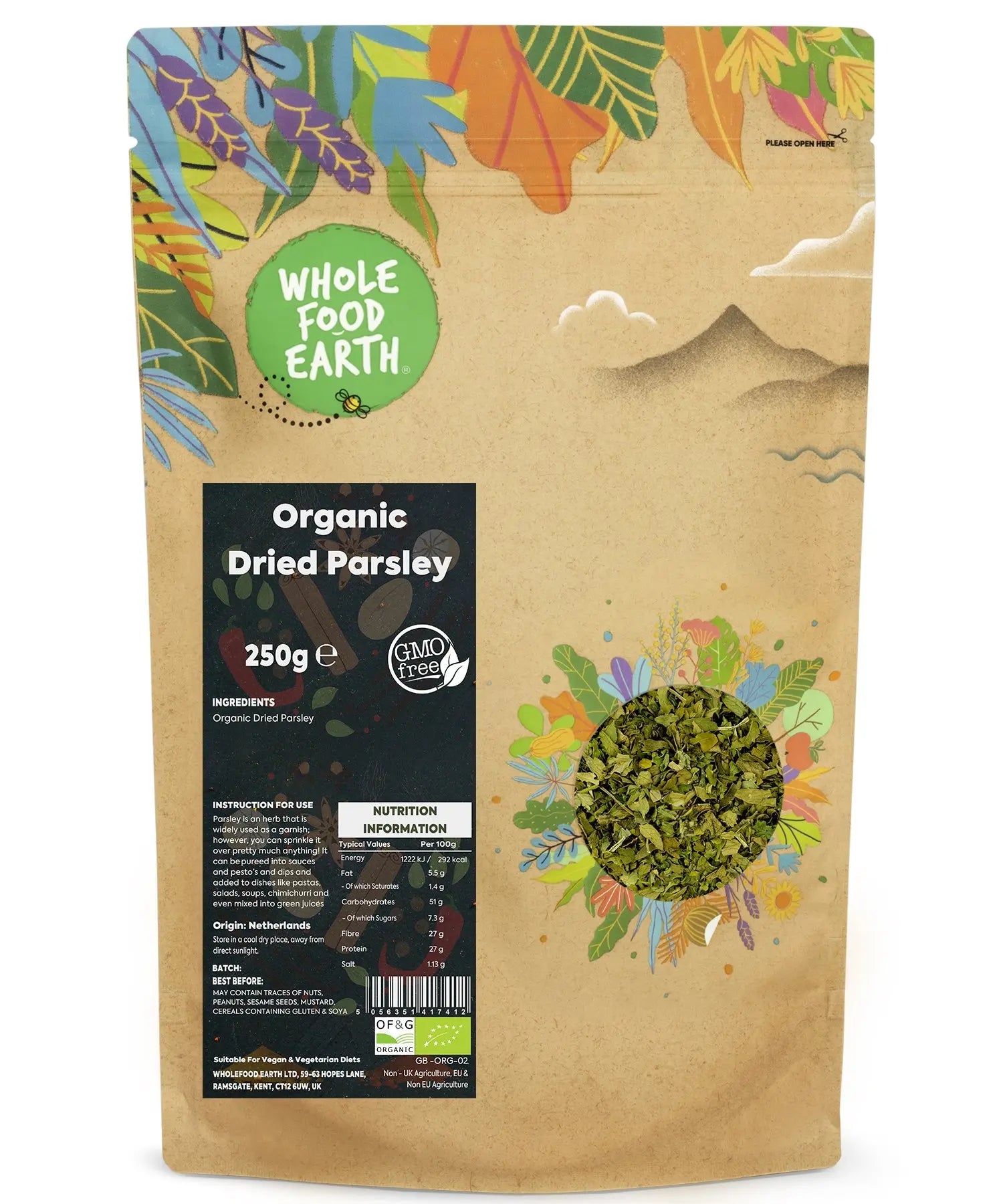 Organic dried ground parsley from Whole Food Earth in a 250g package, showing finely chopped green herb for cooking and garnishing.