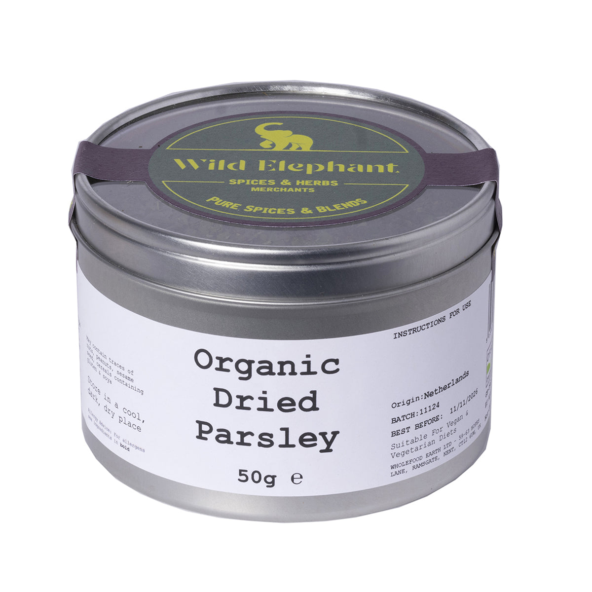 Whole Food Earth organic dried parsley from wild elephant, 50g, in a clear glass jar showing vibrant green herb leaves.