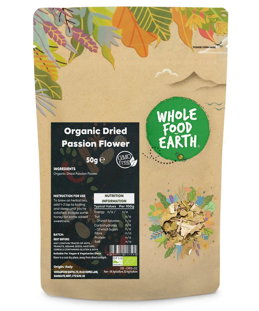 Dried organic passionflower herb in a 50g package, natural herbal spice from Whole Food Earth for teas and remedies.