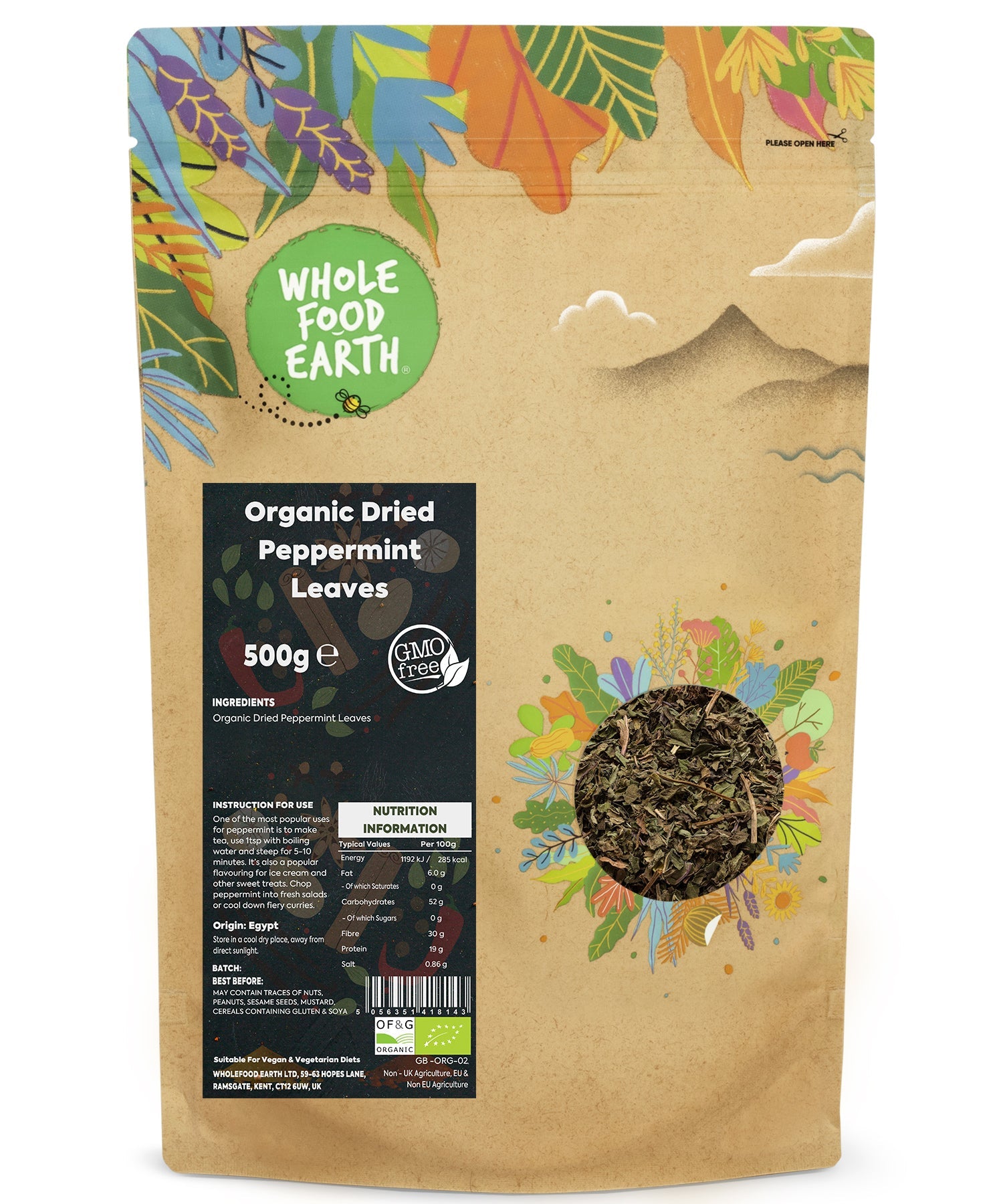 Organic dried peppermint leaves in a 500g bag, whole food earth herbs and spices for tea, cooking, and herbal remedies.