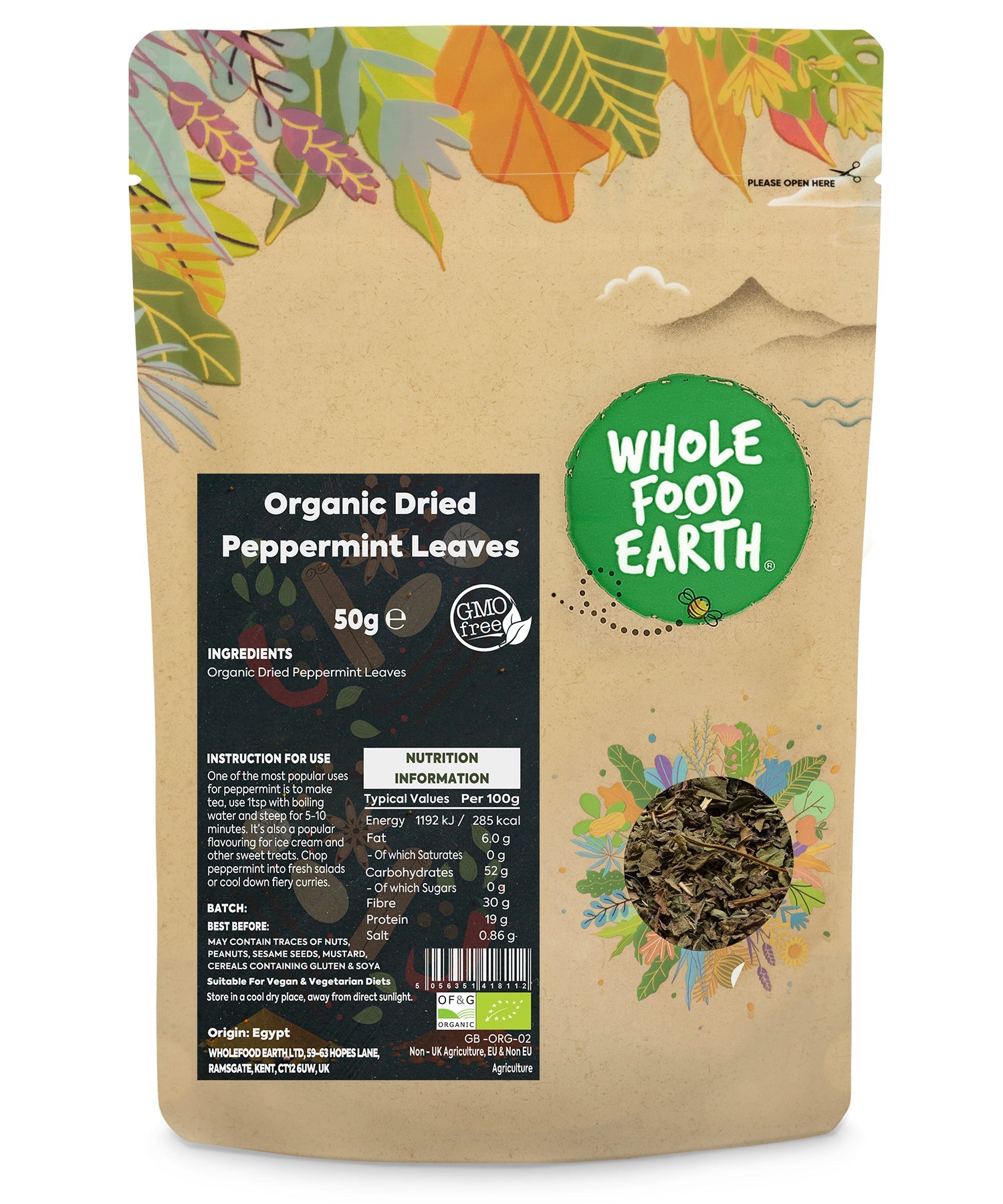 Dried organic peppermint leaves in a 50g package, from Whole Food Earth, used as herbs and spices for teas and cooking.