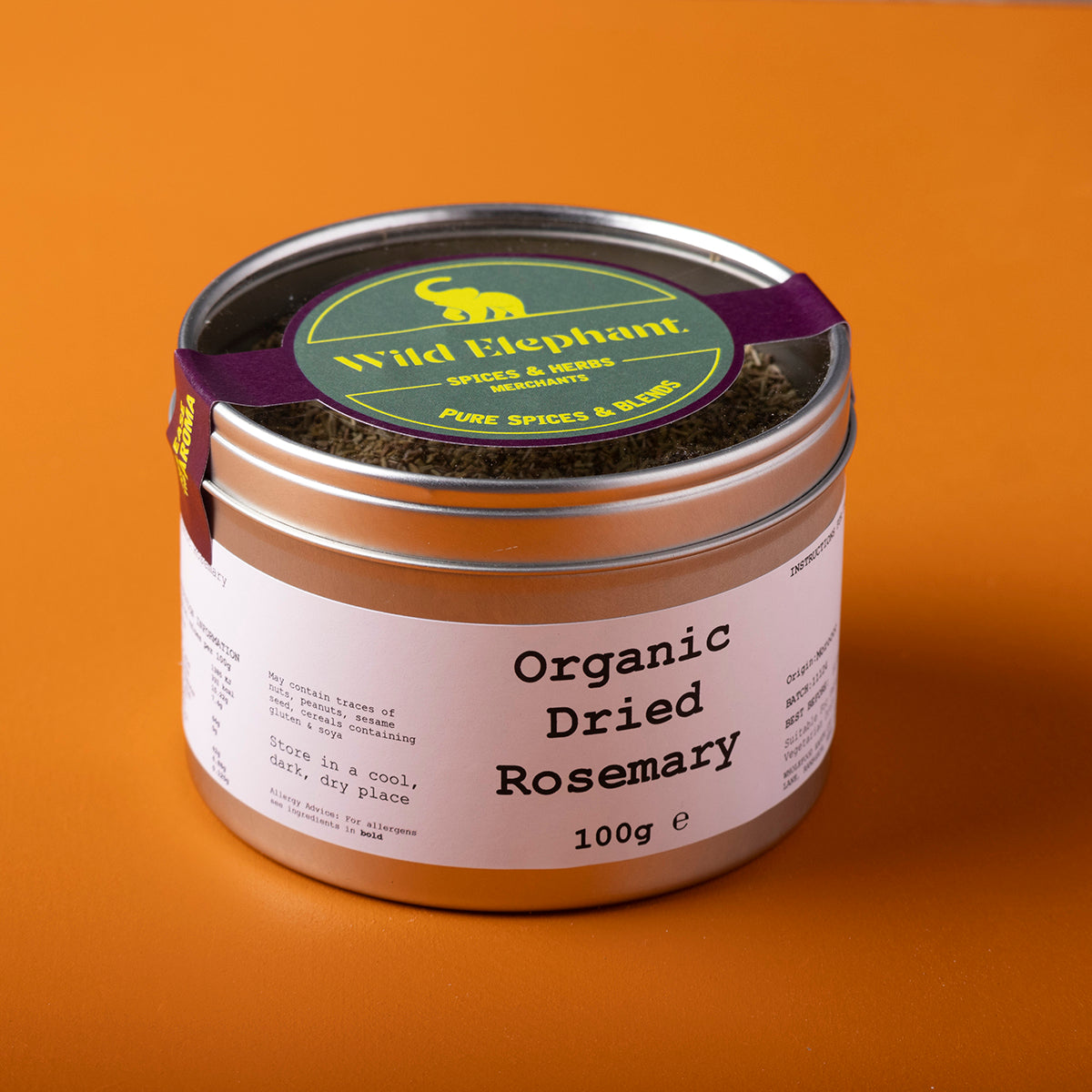 Organic dried rosemary from Whole Food Earth, 100g, showing fresh green herb leaves perfect for cooking and seasoning.