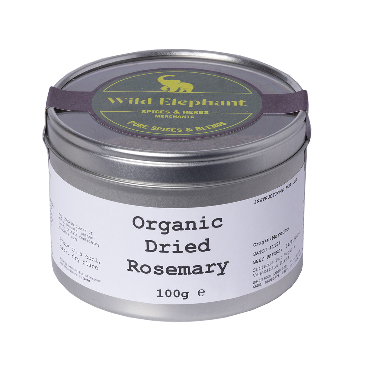 Dried organic rosemary herbs from Whole Food Earth, 100g, showing green needle-like leaves on a light background.