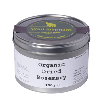 Dried organic rosemary herbs from Whole Food Earth, 100g, showing green needle-like leaves on a light background.