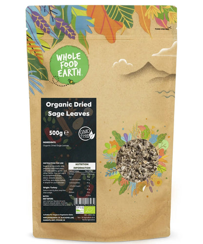 Dried organic sage leaves from Whole Food Earth, herbal spice for cooking and seasoning in a 500g package