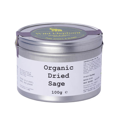 Organic dried sage from Whole Food Earth, wild-harvested herb in a 100g package, shown in a close-up image.