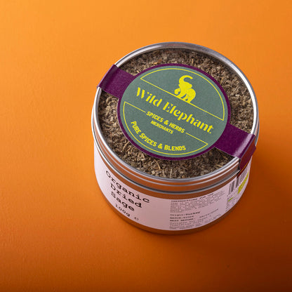 Organic dried sage herb from Whole Food Earth, 100g package, showcasing fresh green, finely dried sage leaves for culinary use.