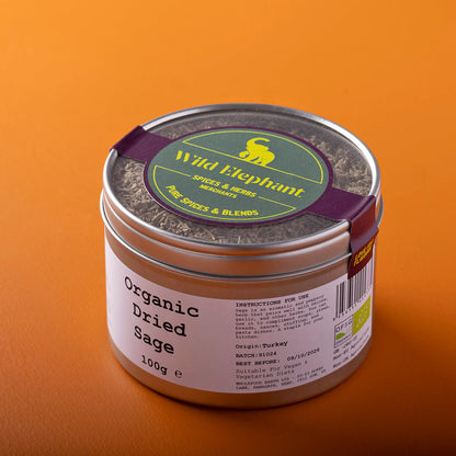 Organic dried sage herb from Whole Food Earth, wild-harvested, 100g package, with green leaves and earthy appearance.