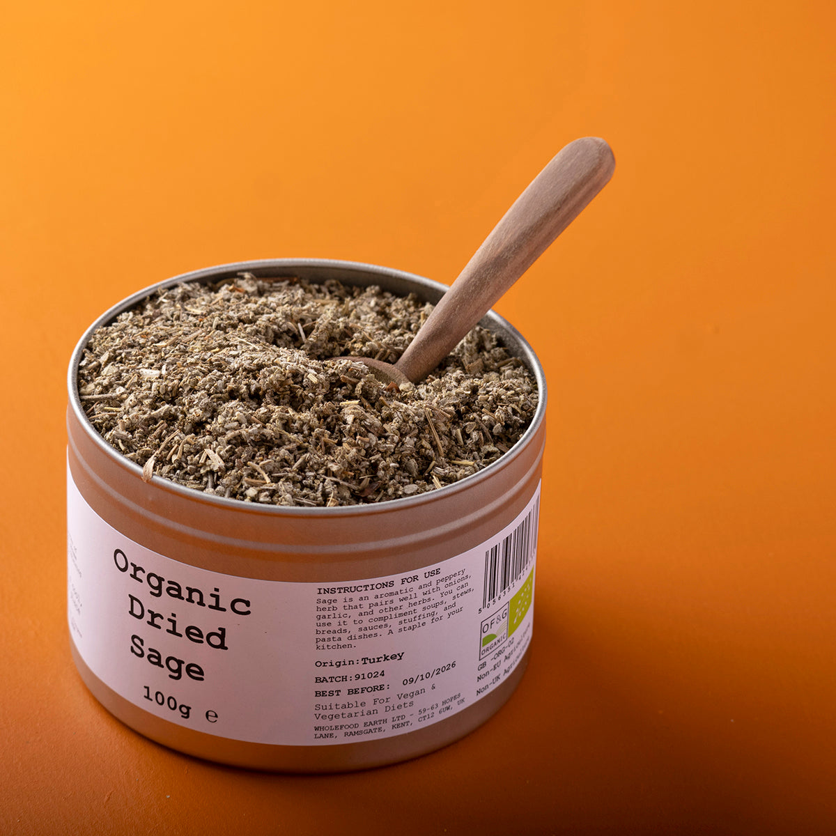 Organic dried sage from Wild Elephant, 100g, showing fresh green leaves and dried herb for culinary use.