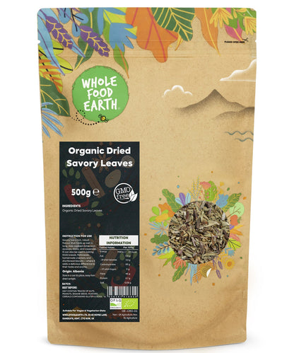 Organic savory herb leaves in a 500g package from Whole Food Earth, dried and aromatic for culinary use.