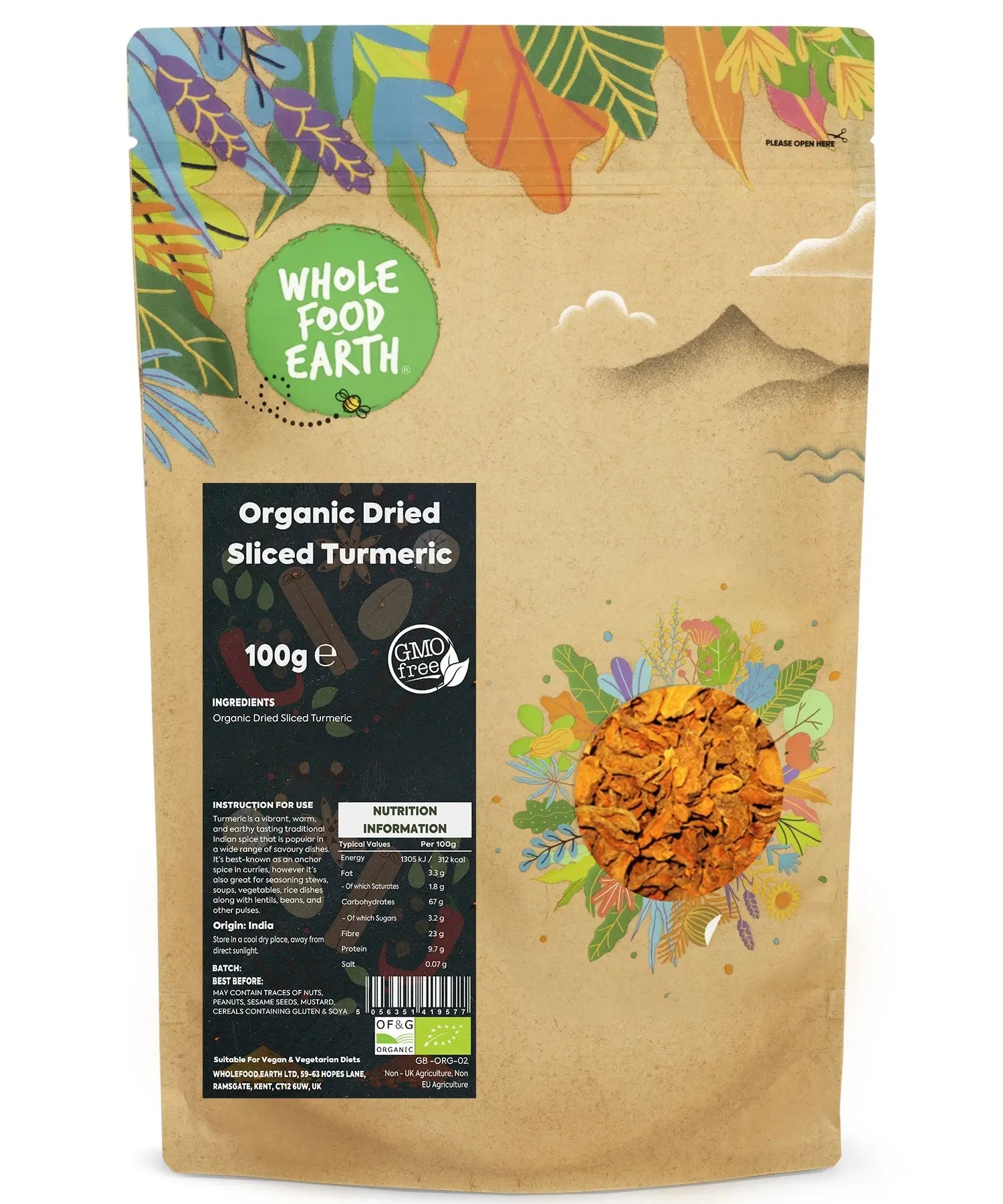 Organic dried sliced turmeric from Whole Food Earth, a herbal spice with vibrant orange color and sliced texture.