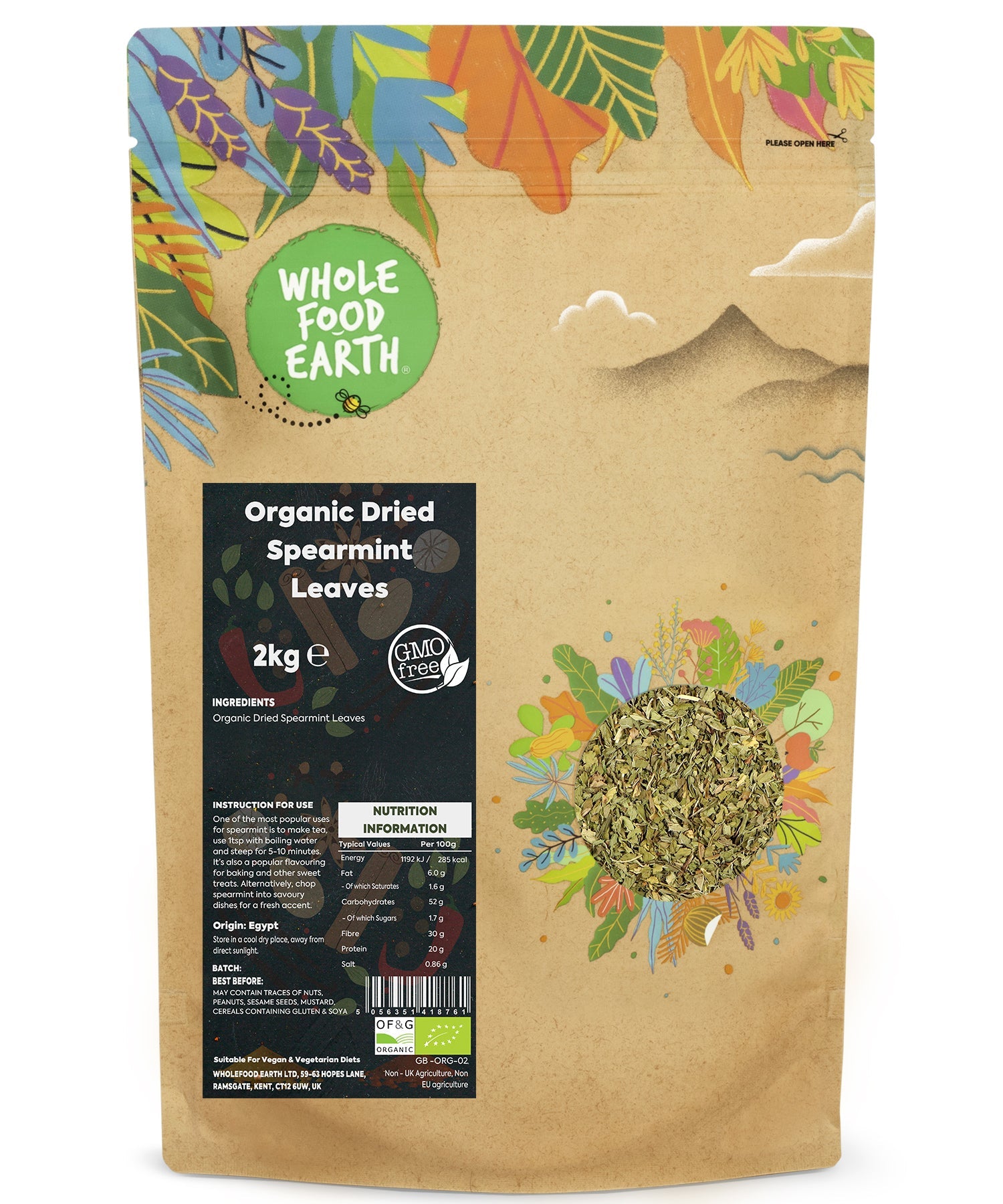 Dried organic spearmint leaves in a 2kg bag from Whole Food Earth, fresh green herbs perfect for cooking and teas.