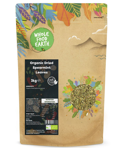 Organic dried spearmint leaves from Whole Food Earth, herbal spice for cooking and tea, in a 3kg package.