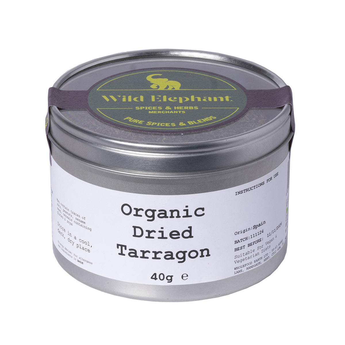 Organic dried tarragon herb from Whole Food Earth, 100g, with fresh green leaves and delicate texture in a clear jar.