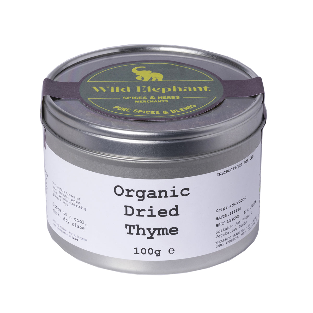Organic dried thyme from Whole Food Earth, wild-harvested herbs and spices, 100g jar with fresh green thyme leaves.