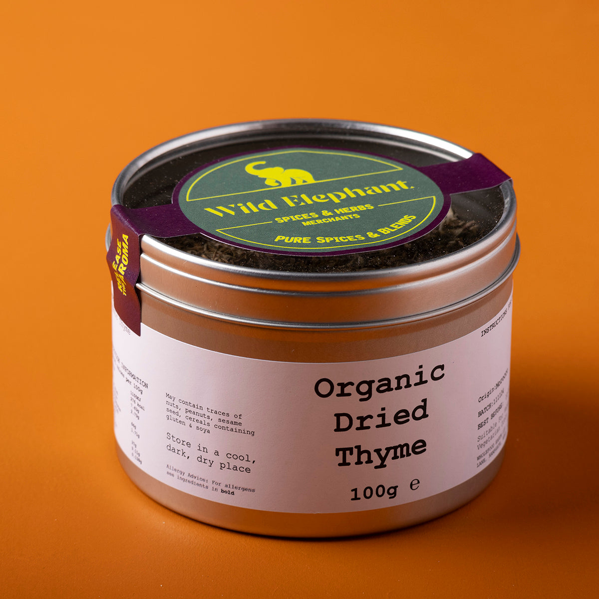 Organic dried thyme from Whole Food Earth, wild-harvested herb in a 100g package, shown in a clear image.