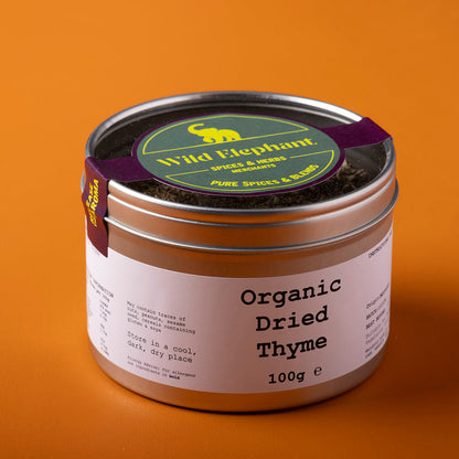 Organic dried thyme from Whole Food Earth, wild-harvested herb in a 100g package, shown in a clear image.