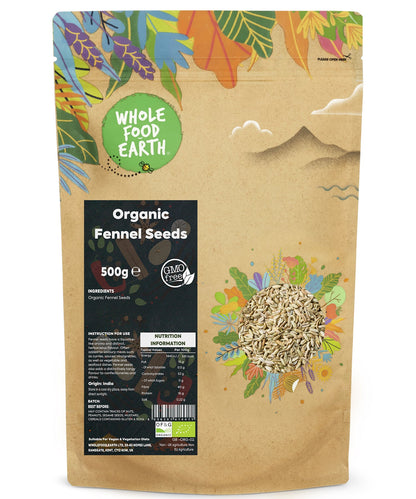 Organic fennel seeds in a 500g package from Whole Food Earth, showcasing fresh, whole herb and spice for cooking and seasoning.