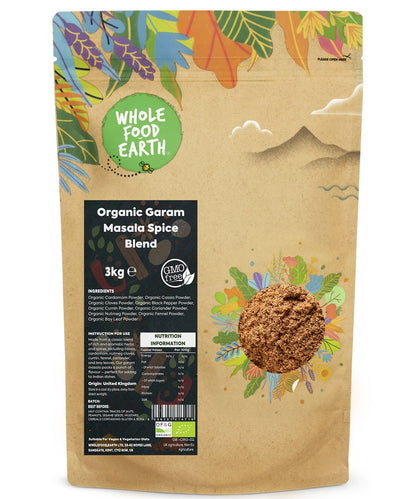 Organic Garam Masala spice blend in a 3kg bag, featuring a colorful mix of herbs and spices from Whole Food Earth.