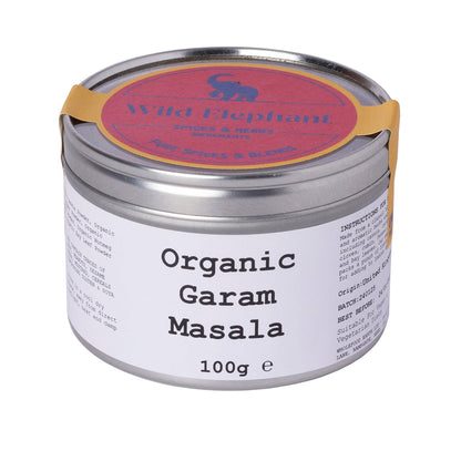 Organic Garam Masala spice blend from Wild Elephant, shown in a 100g package, featuring a colorful mix of herbs and spices.