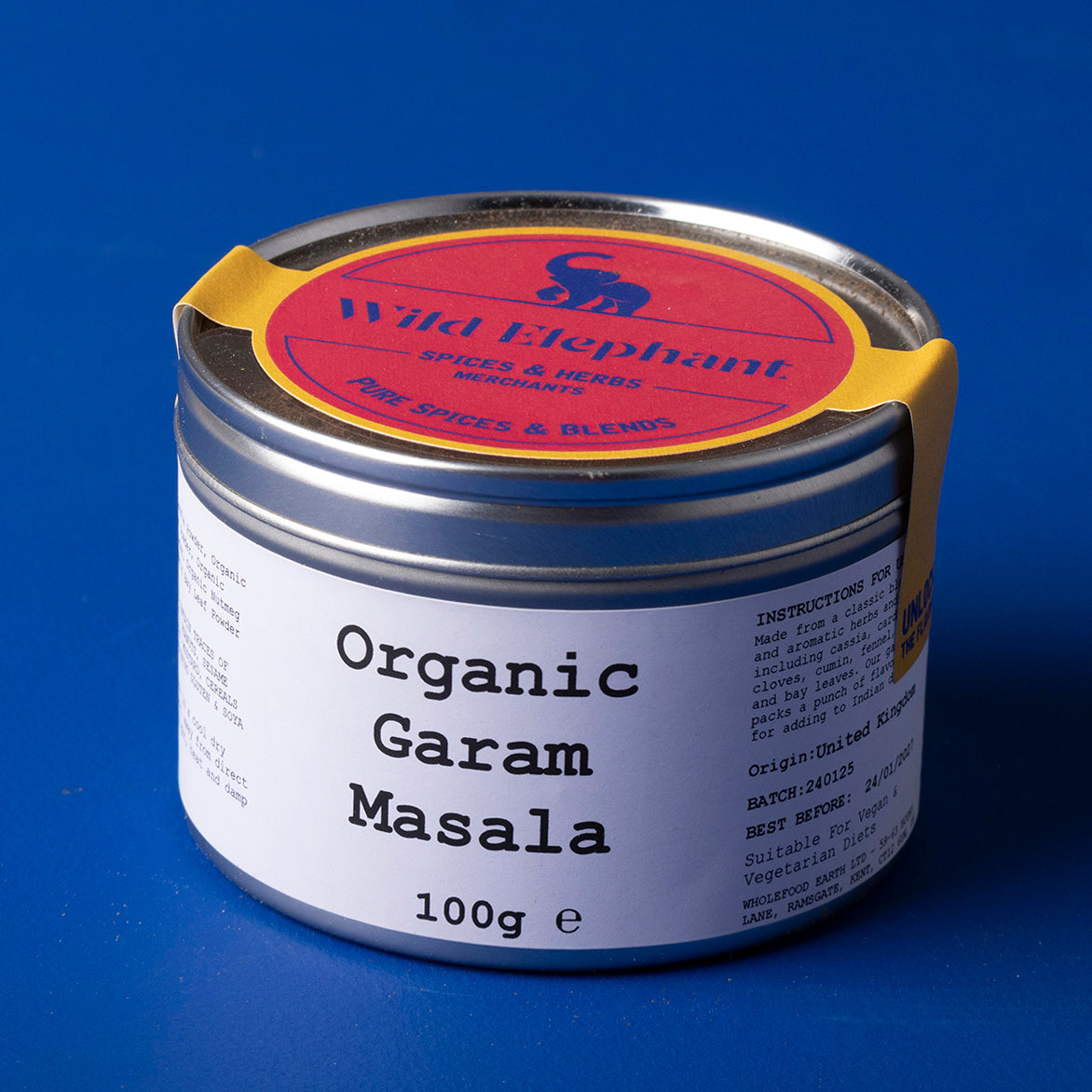 Organic Garam Masala spice blend from Wild Elephant in a 100g package, featuring a colorful mix of ground herbs and spices.