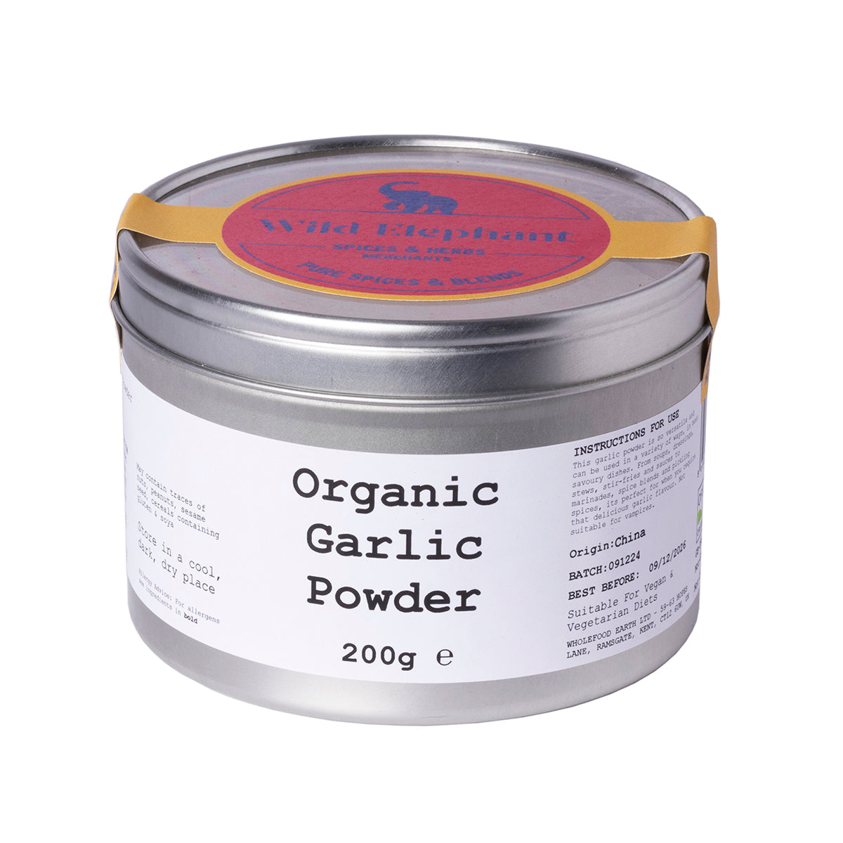 Organic garlic powder by Wild Elephant, 200g, from Whole Food Earth, showcasing fine, aromatic powdered garlic in a clear container.