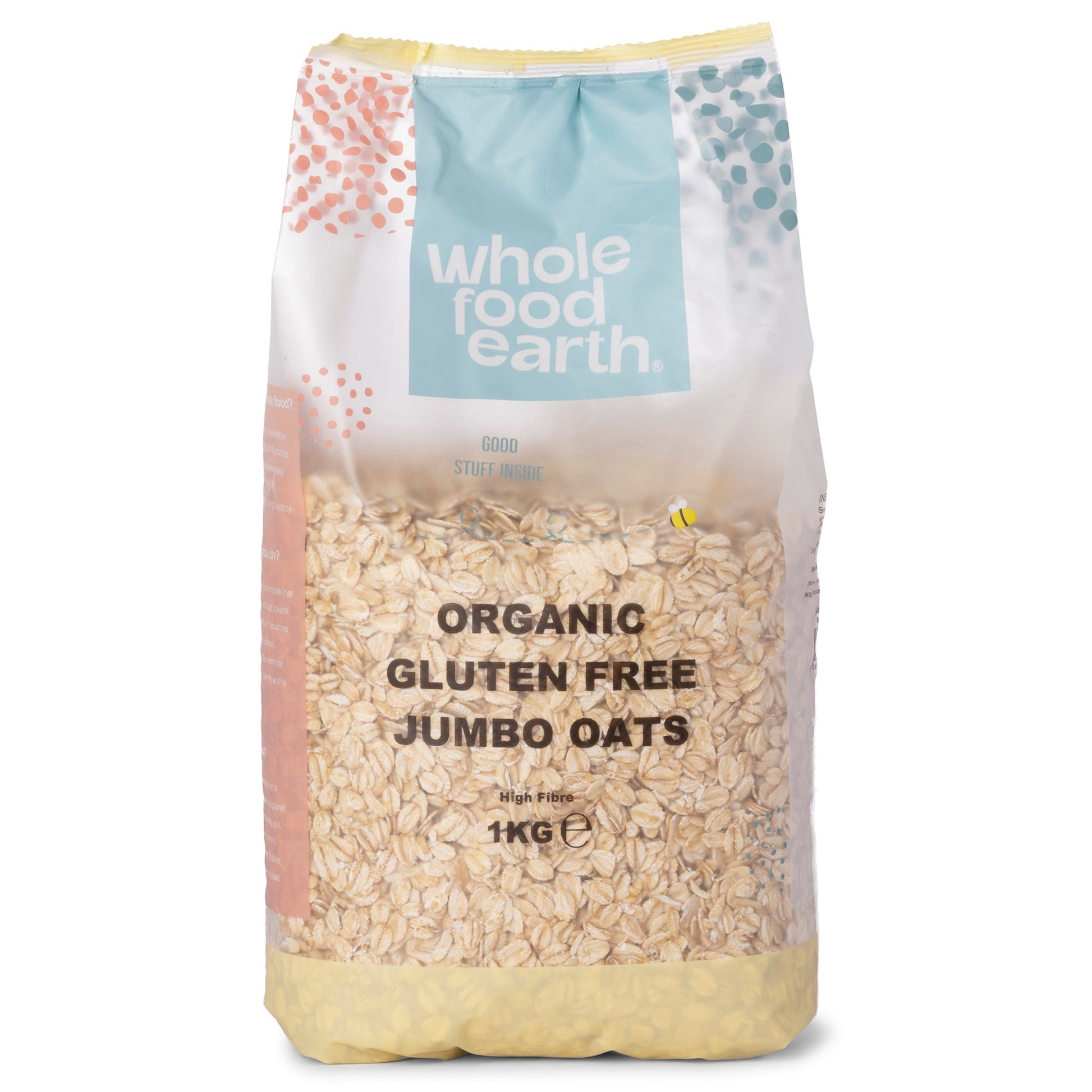 Organic gluten-free jumbo oats in a 1kg package by Whole Food Earth, showcasing large oat grains in a clear container.