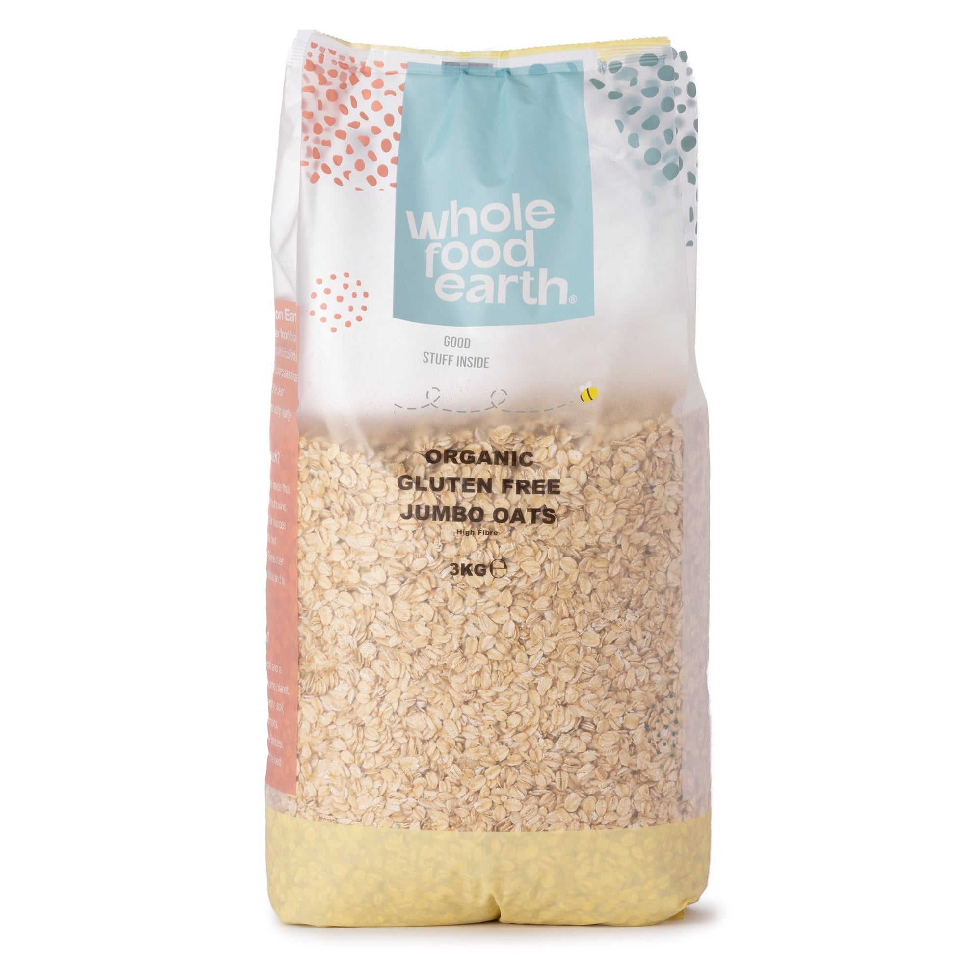 Organic gluten-free jumbo oats in a 3kg package from Whole Food Earth, showing the oats in a clear, natural presentation.