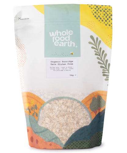 Organic gluten-free porridge oats from Whole Food Earth, 1kg pack, showing a bowl of ready-made oatmeal with oats close-up.