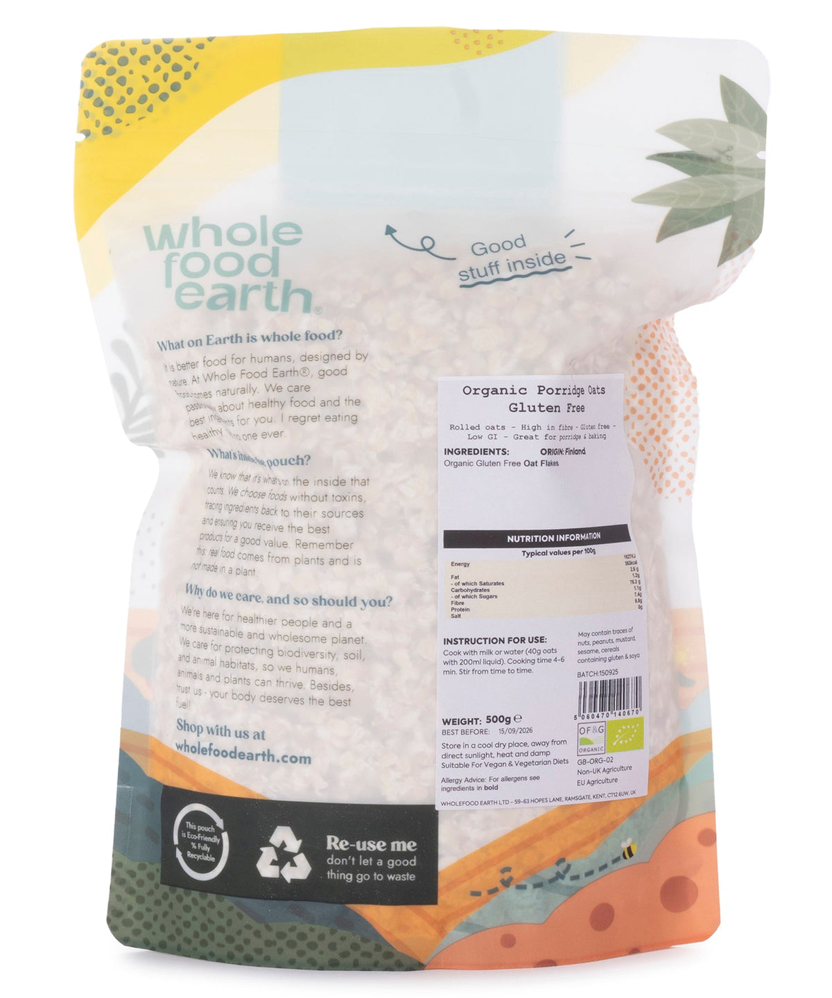 Whole Food Earth organic gluten-free porridge oats in a 500g package, showing the cereal grains and packaging.