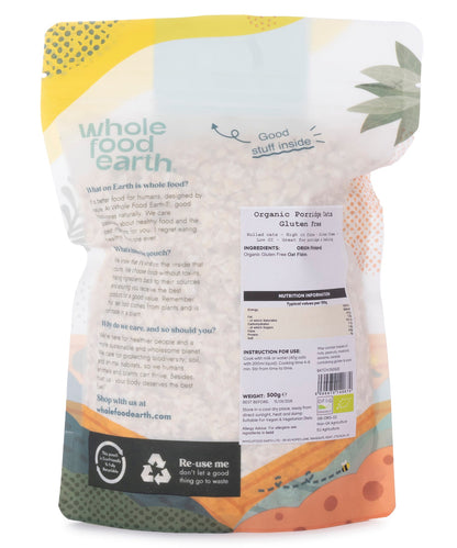 Whole Food Earth organic gluten-free porridge oats in a 500g package, showing the cereal grains and packaging.