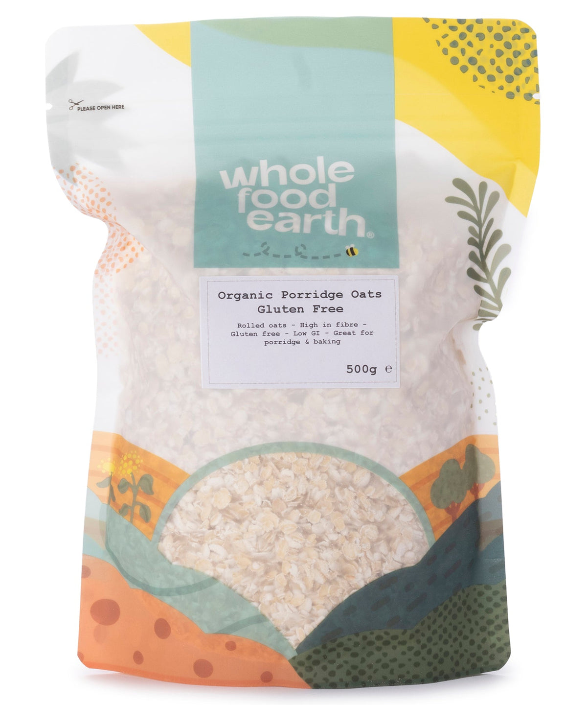 Organic gluten-free porridge oats from Whole Food Earth, 500g pack, showing a bowl of cooked oats with fresh fruit.