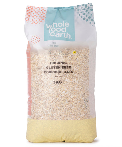 Organic gluten-free porridge oats in a 3kg bag from Whole Food Earth, showing the cereal oats in a clear, resealable package.