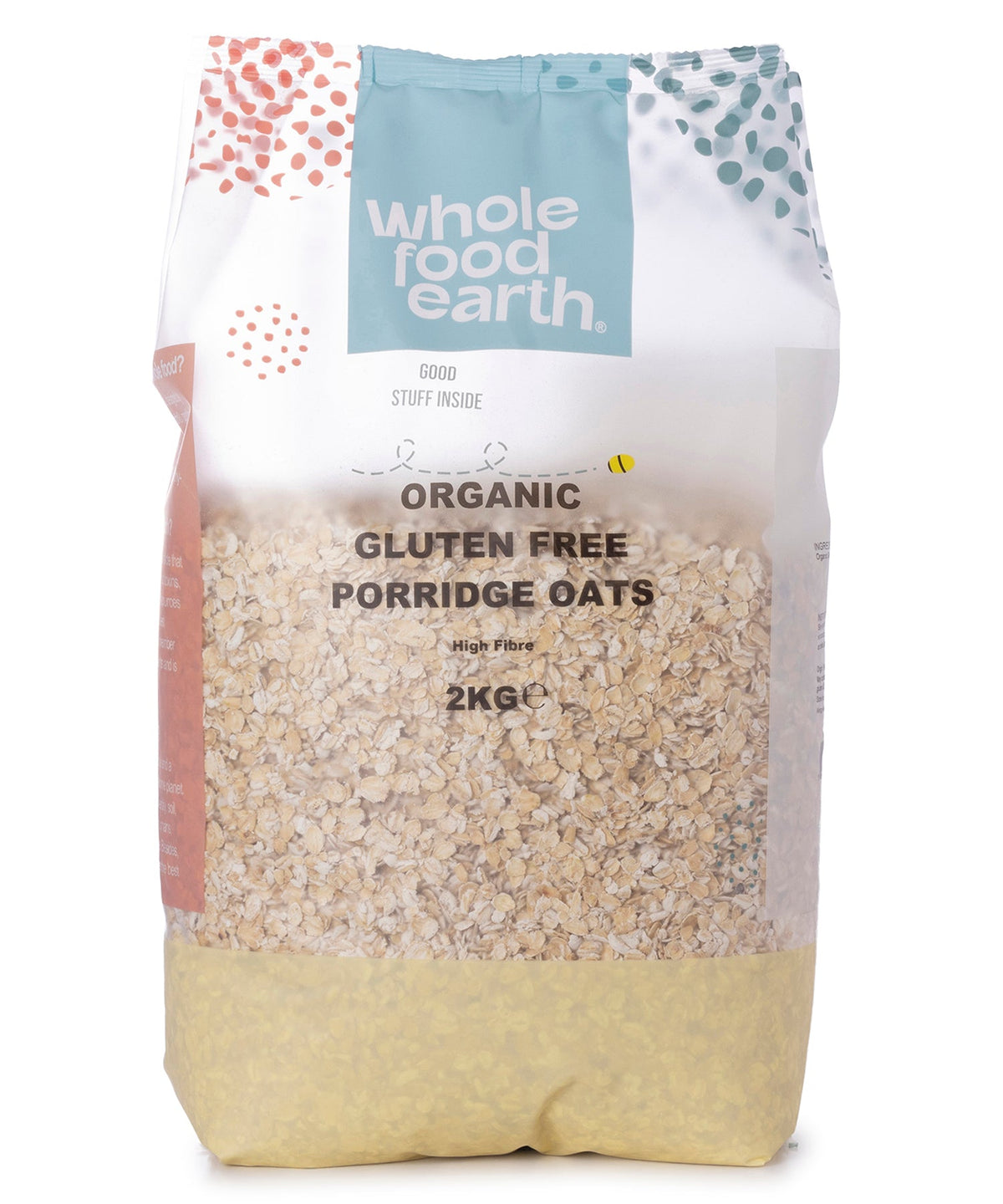 Organic gluten-free porridge oats in a 2kg package by Whole Food Earth, showing a close-up of the oat cereal grains.